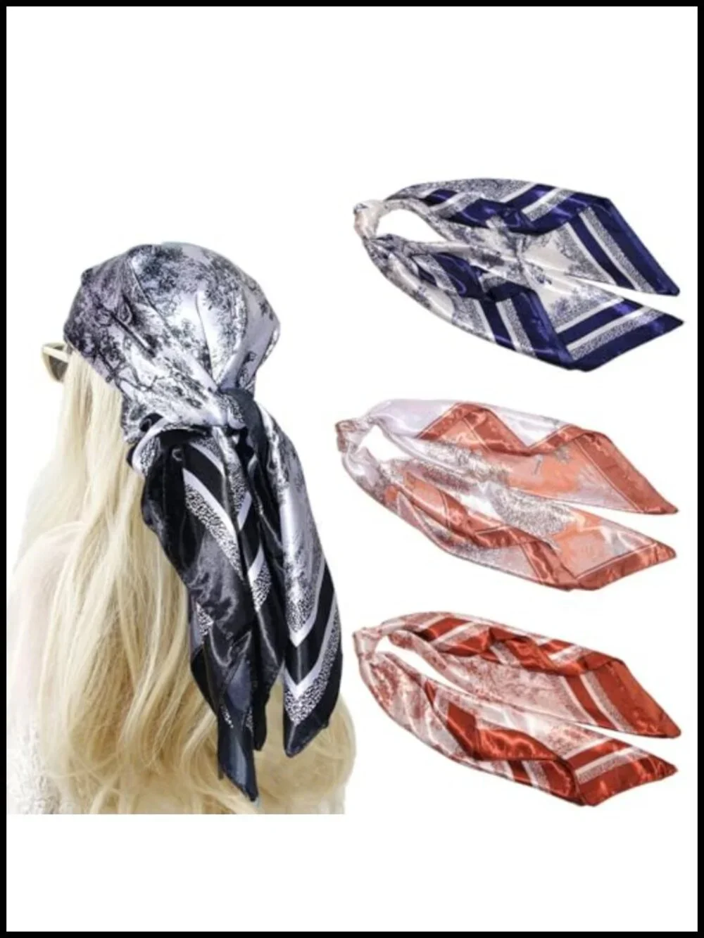 4 Large Square Satin Hair Scarves for Women - 35